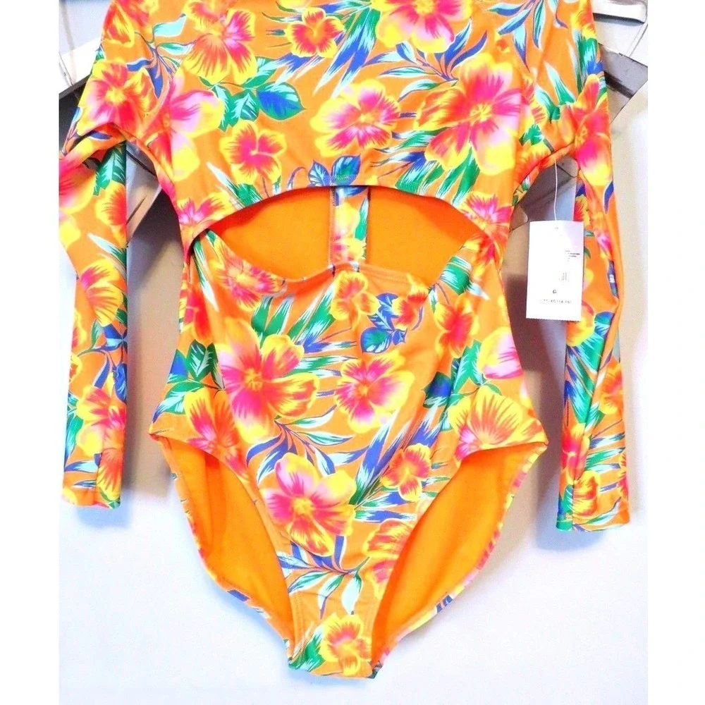 New Ocean Gear Once Piece Cut Out Rash Guard Swimsuit XL 14/16 Vibrant Colors
